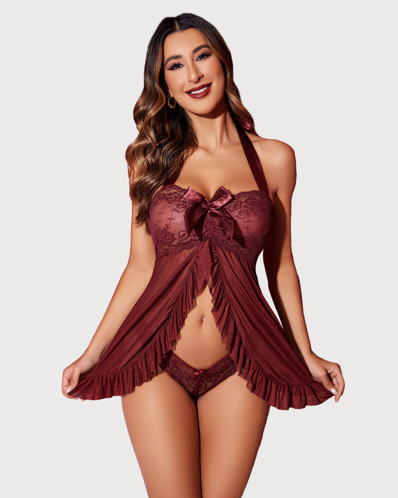 Babydoll de encaje con abertura frontal y tirantes tipo halter
