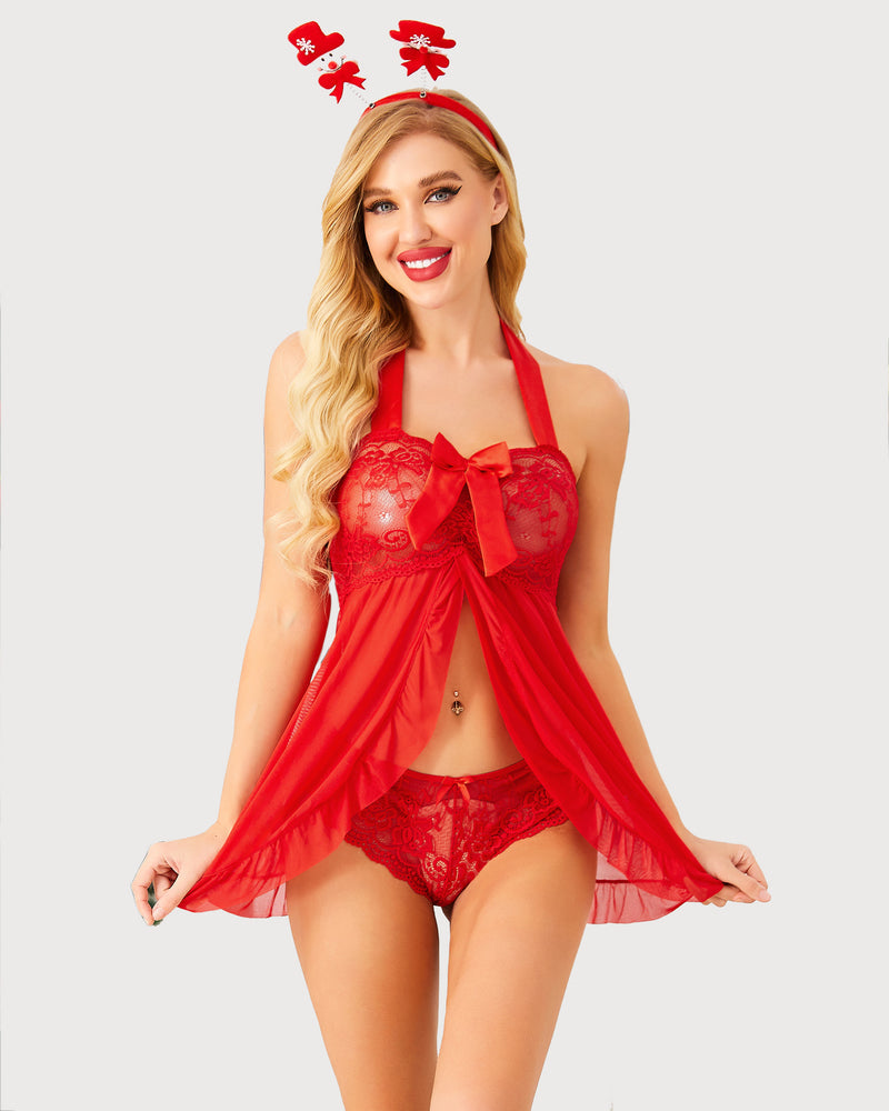 Babydoll de encaje con abertura frontal y tirantes tipo halter