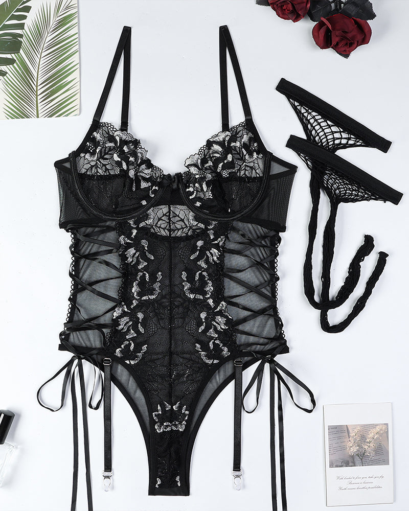 Body de encaje floral transparente con lazo lateral Criss