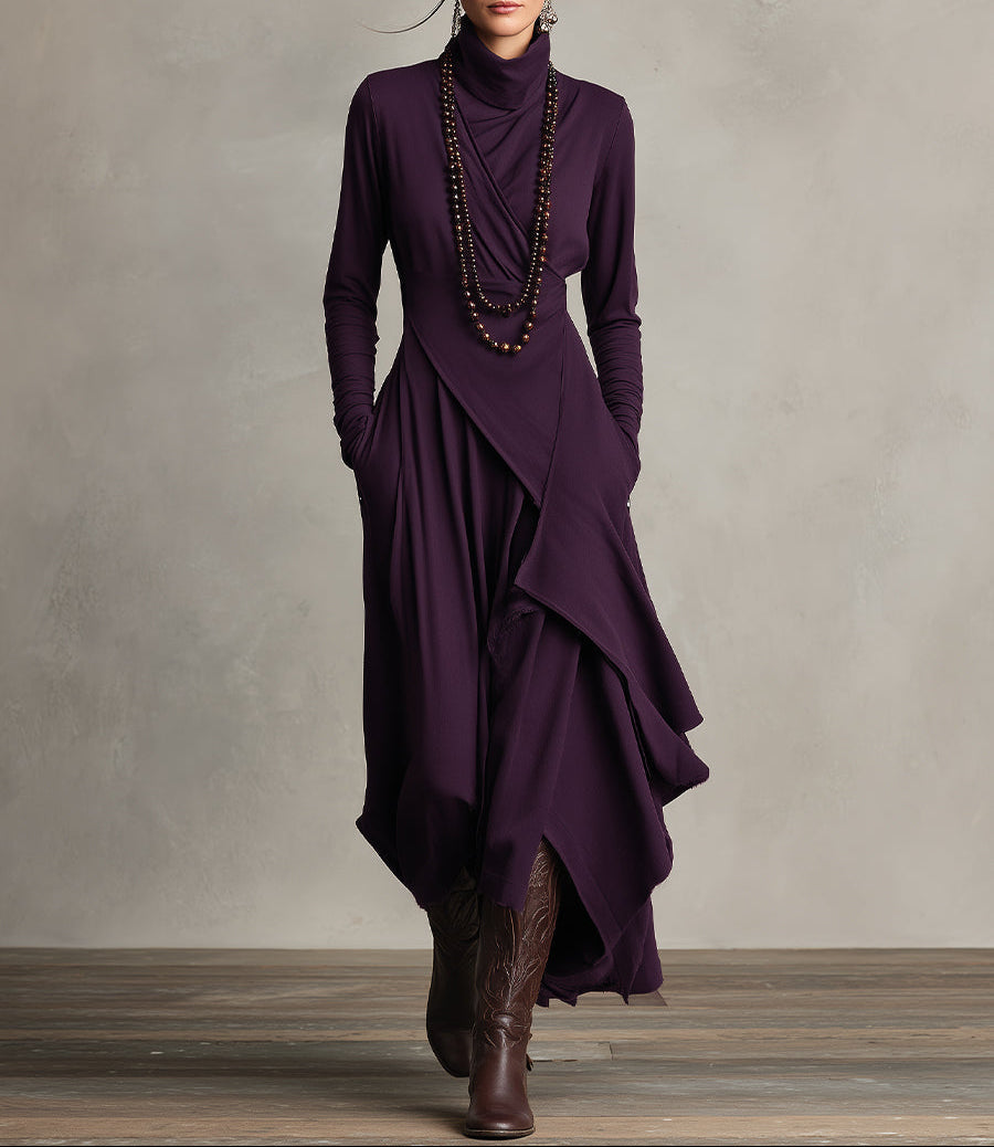 BOHEMIO | VESTIDO MAXI PLISADO ASIMÉTRICO MORADO CON CUELLO ALTO