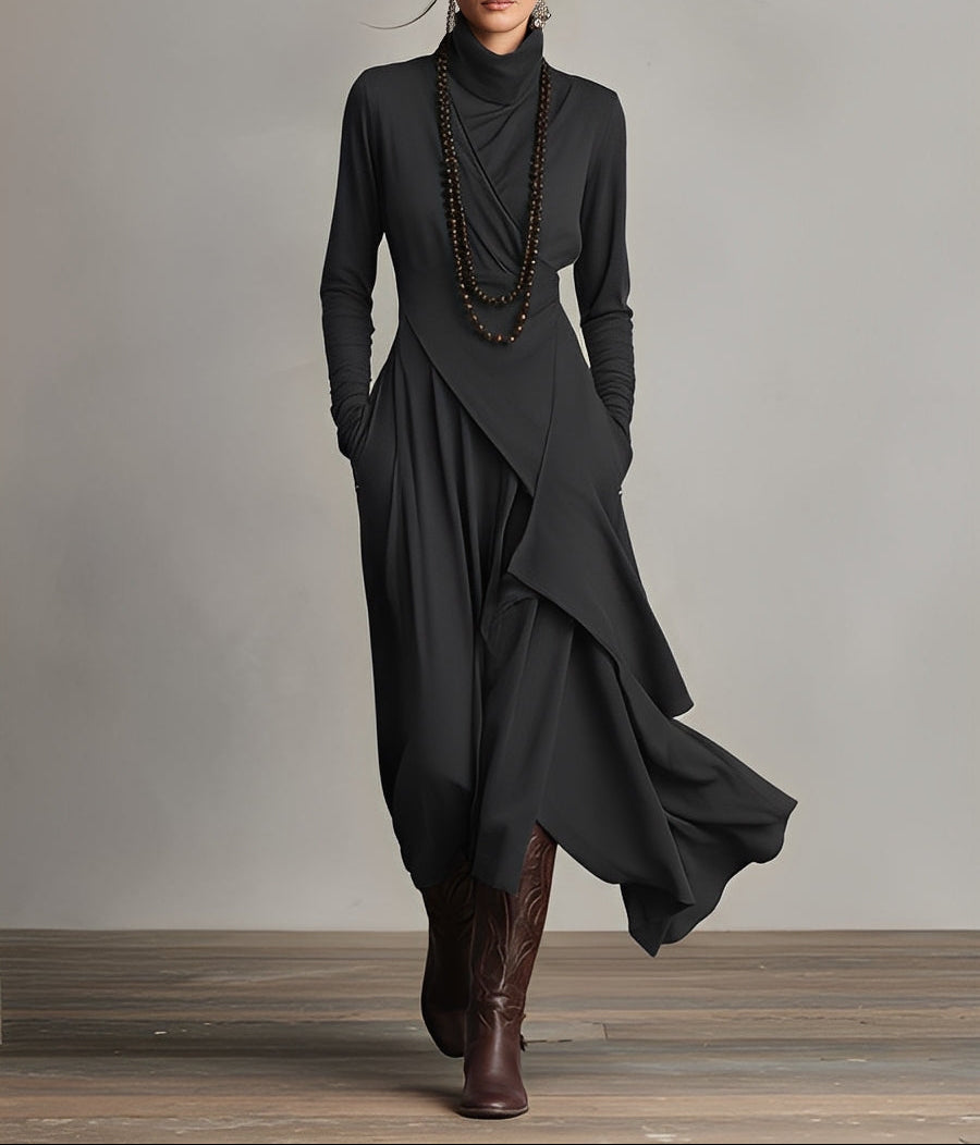 BOHEMIO | VESTIDO MAXI PLISADO ASIMÉTRICO MORADO CON CUELLO ALTO